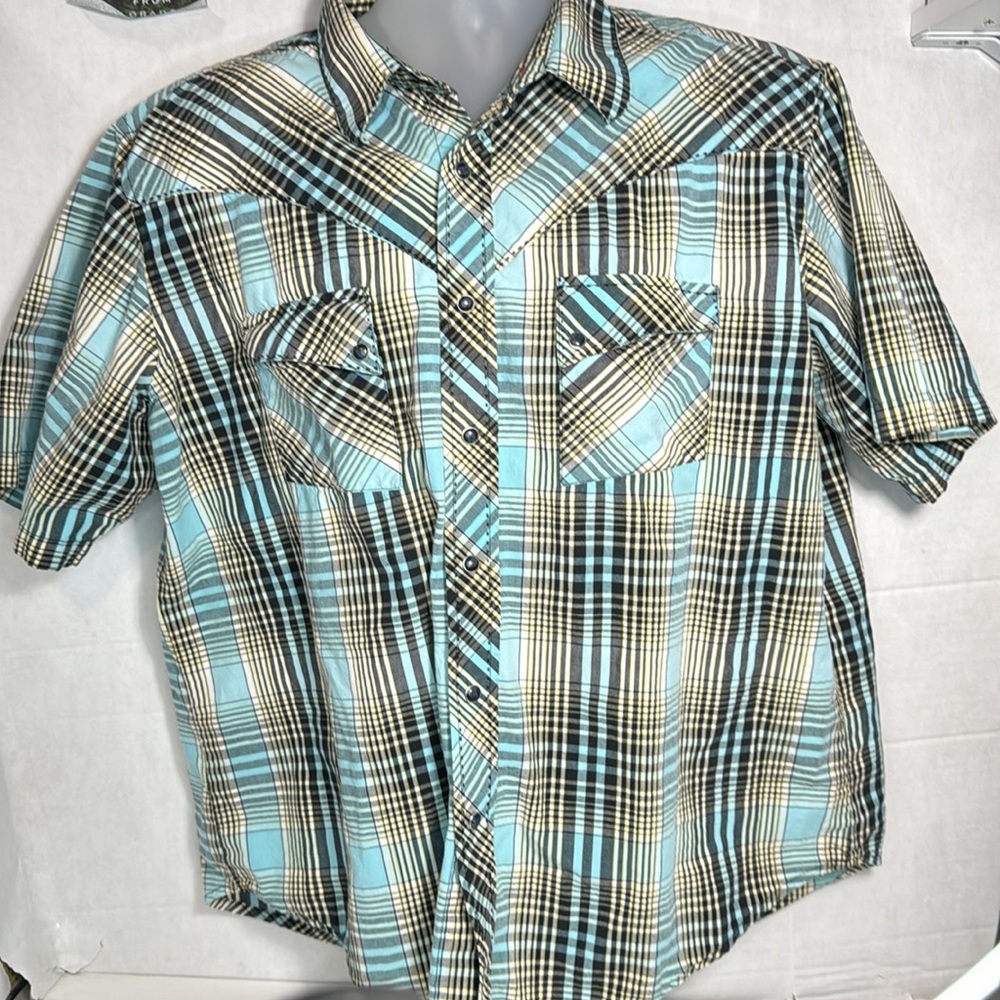 Vintage Wrangler Shirt Mens XL Teal Blue Plaid Pearl Snap Western Rodeo Casual